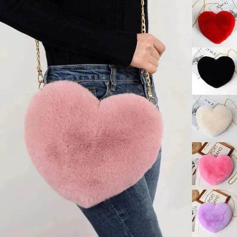 Women's Heart Shaped Plush Chain Shoulder & Hand Bag
