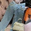 Women's Heavy Industry Beads Sequined Jeans Trouser