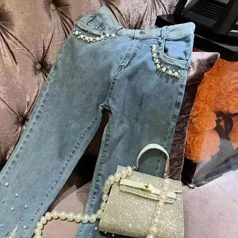 Women's Heavy Industry Beads Sequined Jeans Trouser