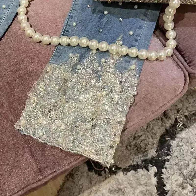 Women's Heavy Industry Beads Sequined Jeans Trouser