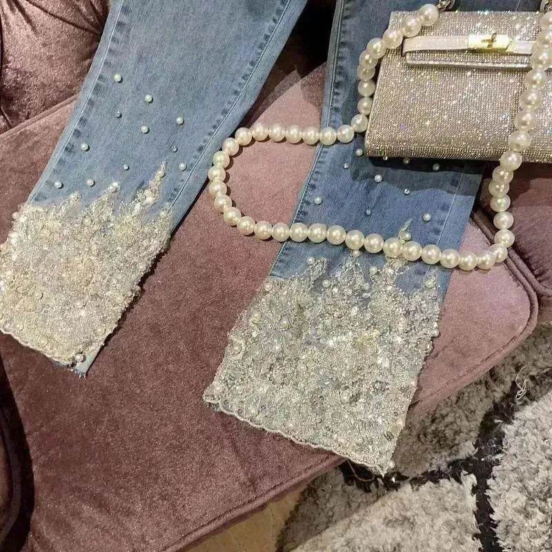 Women's Heavy Industry Beads Sequined Jeans Trouser