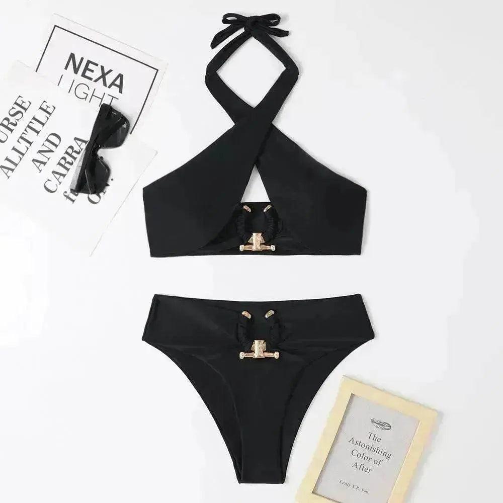 Women's High-Waist Cross-Halterneck Split Bikini Set – Two-Piece Swimsuit