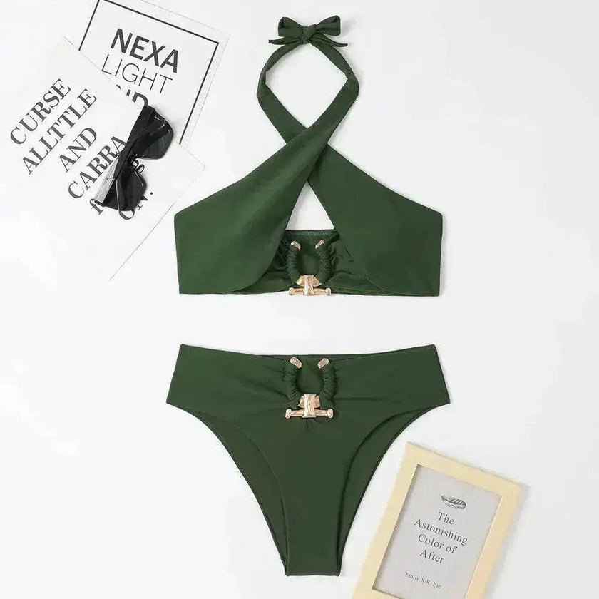 Women's High-Waist Briefs Swimsuit with Fashionable Split and Cross-Halterneck