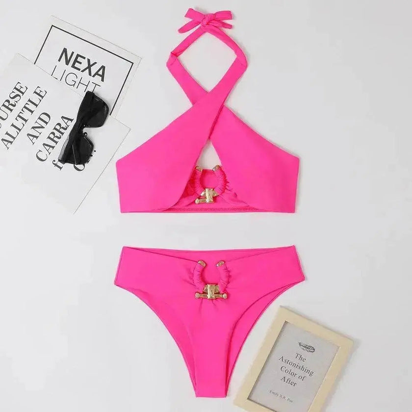 Women's High-Waist Briefs Swimsuit with Fashionable Split and Cross-Halterneck