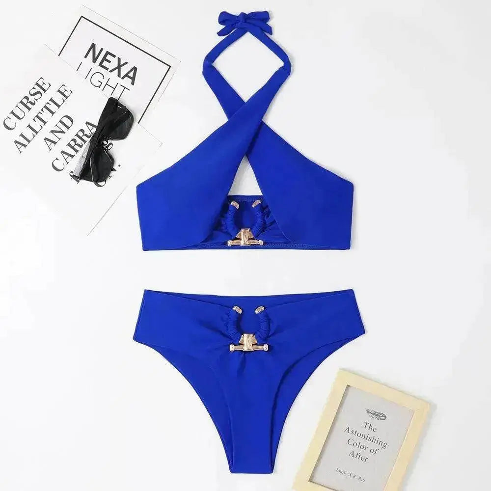 Women's High-Waist Briefs Swimsuit with Fashionable Split and Cross-Halterneck