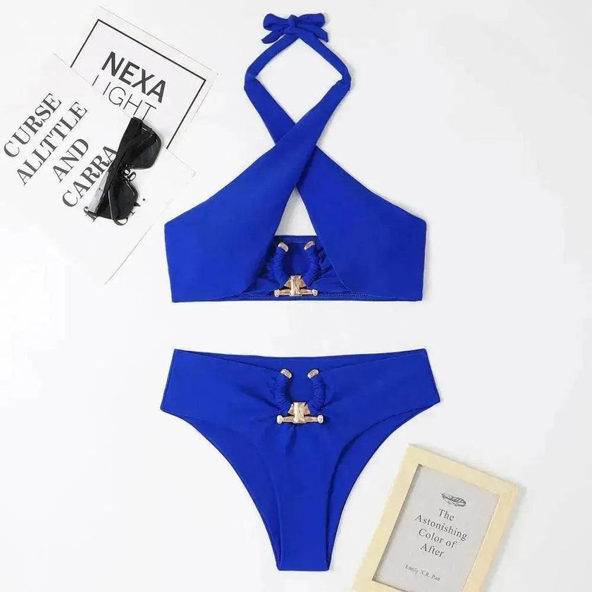 Women's High-Waist Cross-Halterneck Split Bikini Set – Two-Piece Swimsuit