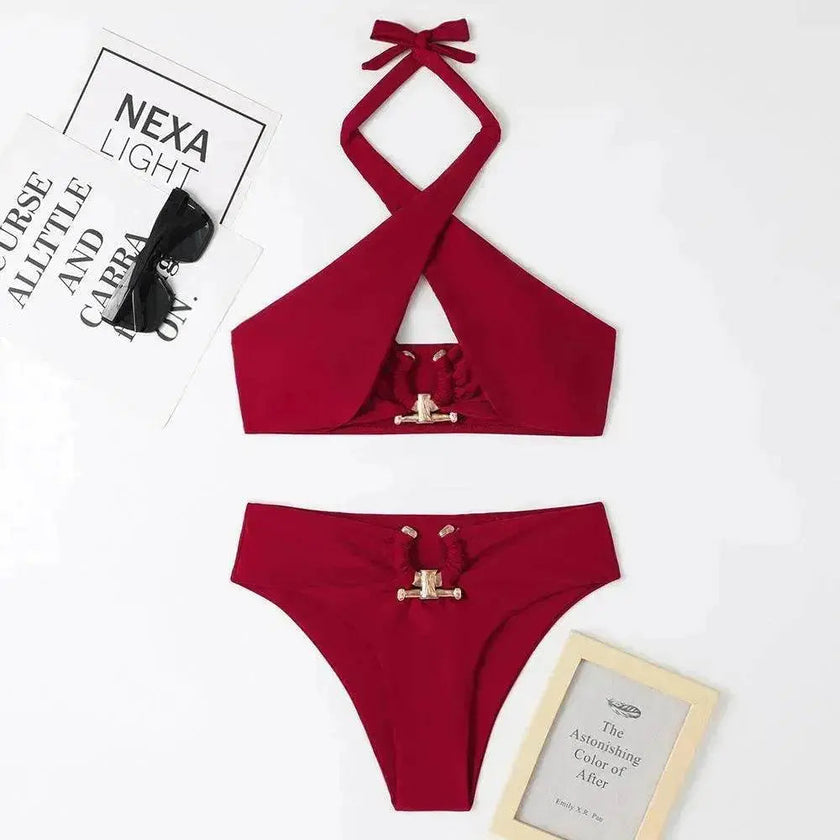 Women's High-Waist Briefs Swimsuit with Fashionable Split and Cross-Halterneck