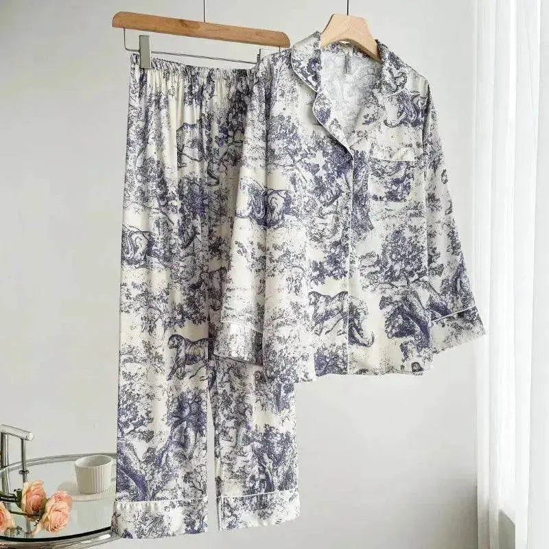 Women's Ice Silk Pajama Set – Long Sleeve Print Loungewear (M–XL)
