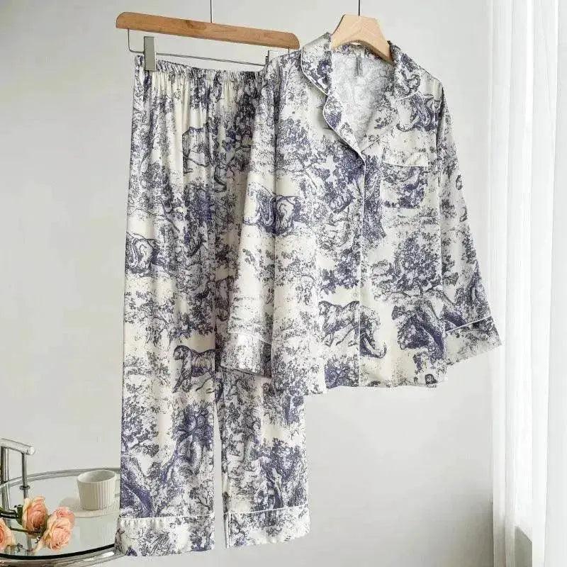 Women's Ice Silk Pajama Set – Long Sleeve Print Loungewear (M–XL)