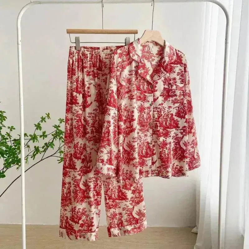 Women's Ice Silk Pajama Set – Long Sleeve Print Loungewear (M–XL)