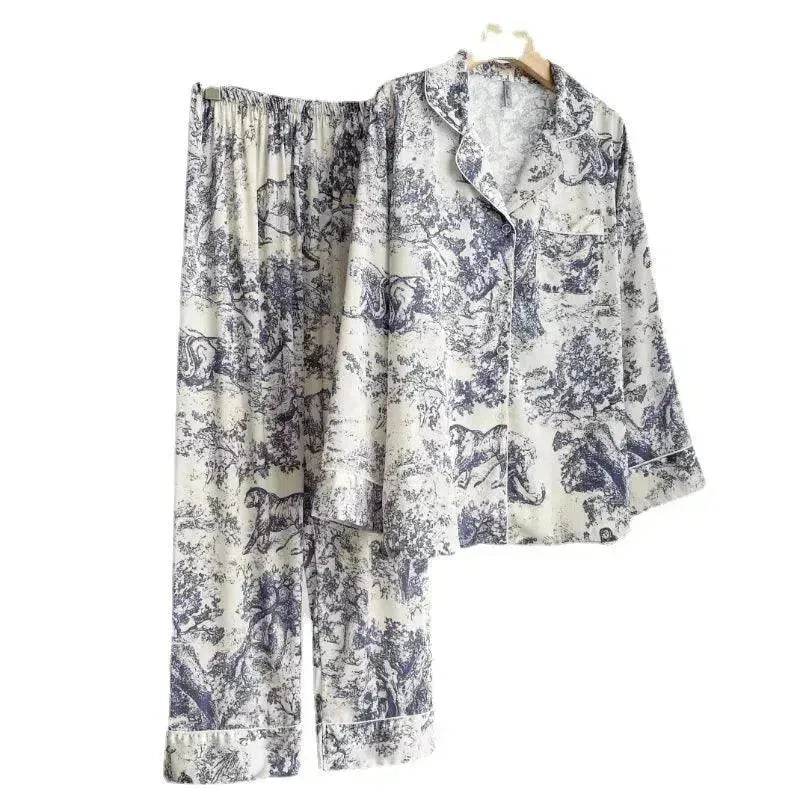 Women's Ice Silk Pajama Set – Long Sleeve Print Loungewear (M–XL)