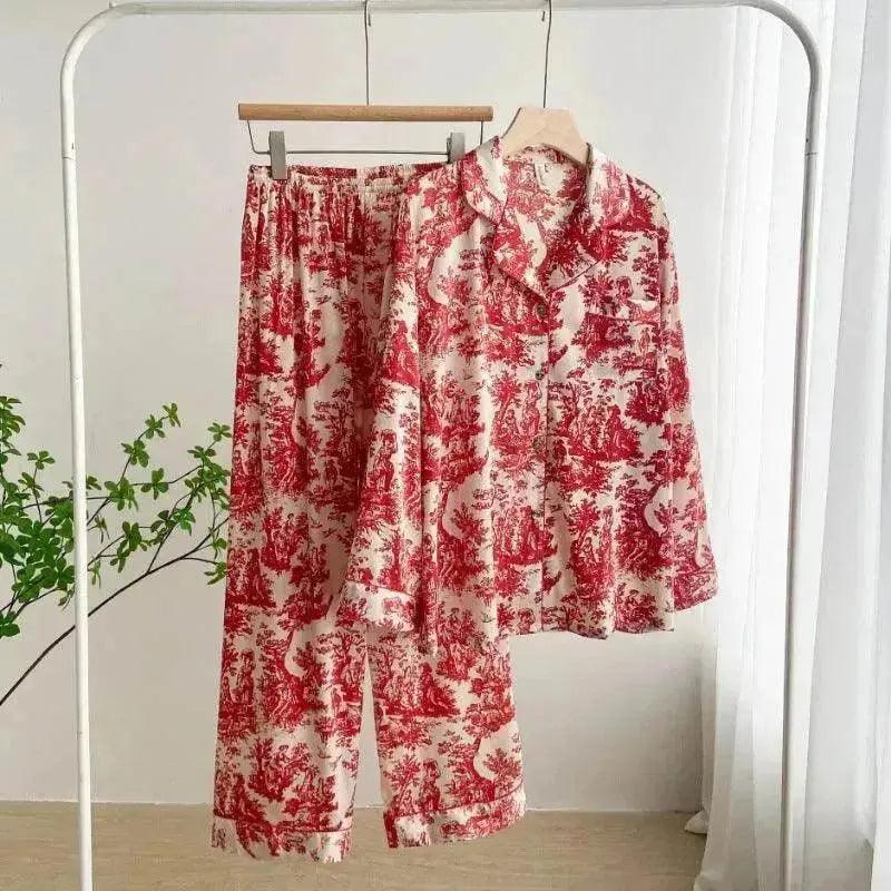 Women's Ice Silk Pajama Set – Long Sleeve Print Loungewear (M–XL)