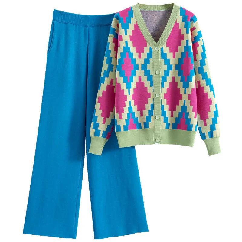 Women's Knitted Cardigan Casual Fashion Sports Wide-leg Pants Suit