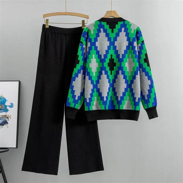 Women's Knitted Cardigan Casual Fashion Sports Wide-leg Pants Suit