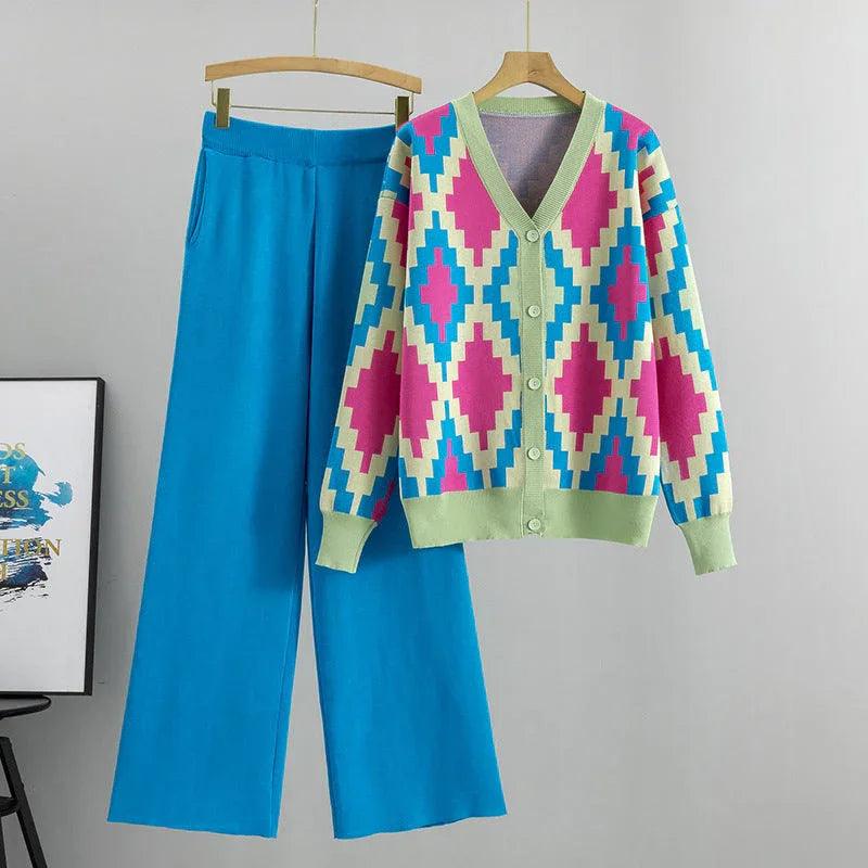 Women's Knitted Cardigan Casual Fashion Sports Wide-leg Pants Suit