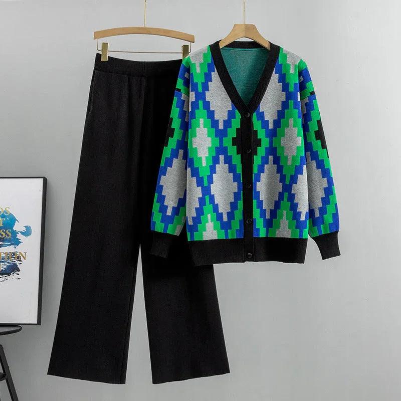 Women's Knitted Cardigan Casual Fashion Sports Wide-leg Pants Suit