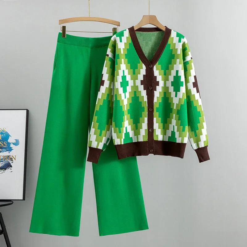 Women's Knitted Cardigan Casual Fashion Sports Wide-leg Pants Suit