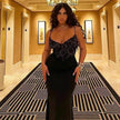 Women's Lace Jacquard Stitching Sheath Dress with V-Neck, Bare Chest and Suspenders Design