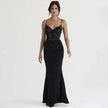 Women's Lace Jacquard Stitching Sheath Dress with V-Neck, Bare Chest and Suspenders Design
