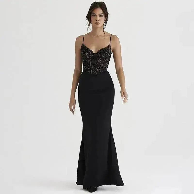 Women's Lace Jacquard Stitching Sheath Dress with V-Neck, Bare Chest and Suspenders Design