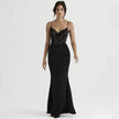 Women's Lace Jacquard Stitching Sheath Dress with V-Neck, Bare Chest and Suspenders Design