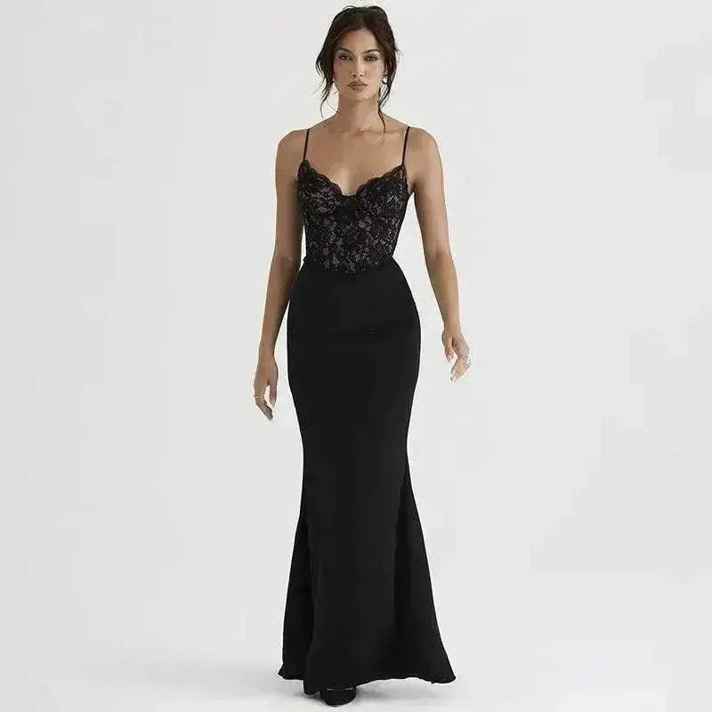 Women's Lace Jacquard Stitching Sheath Dress with V-Neck, Bare Chest and Suspenders Design