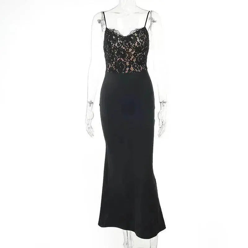 Women's Lace Jacquard Stitching Sheath Dress with V-Neck, Bare Chest and Suspenders Design