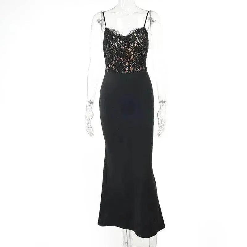 Women's Lace Jacquard Stitching Sheath Dress with V-Neck, Bare Chest and Suspenders Design