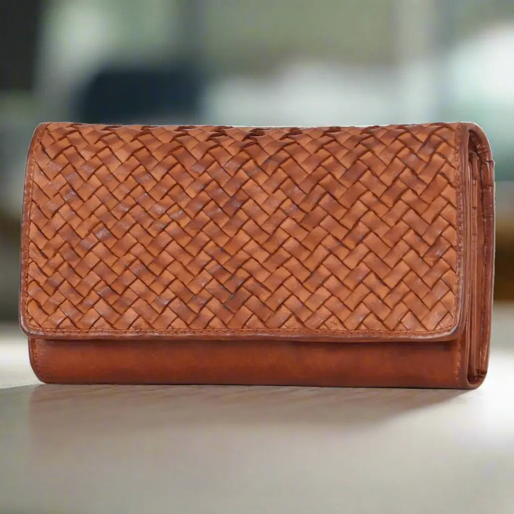 MET Women’s Leather Basket Weave Wallet. Artisan Woven Multi-Card Organizer
