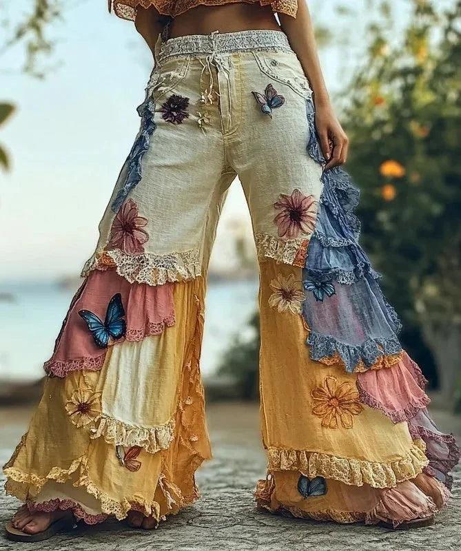 Women's Leisure Fashion Retro Print High-Waisted Pants, Comfortable Fake Jeans That Can Slim The Legs