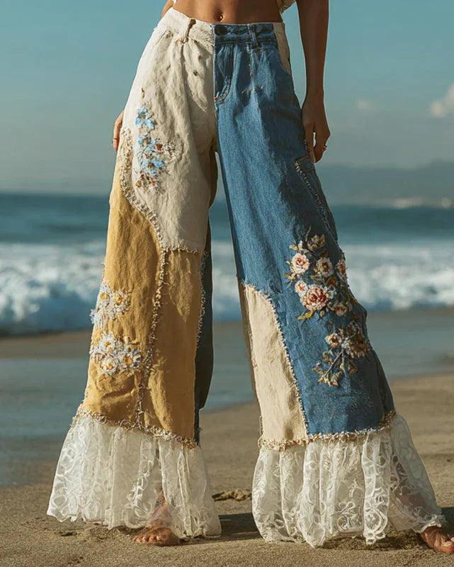 Women's Leisure Fashion Retro Print High-Waisted Pants, Comfortable Fake Jeans That Can Slim The Legs