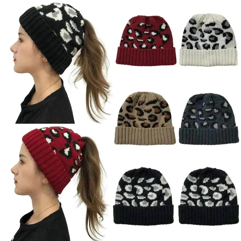 Women's Leopard Jacquard Ponytail Knitted Woolen Hat