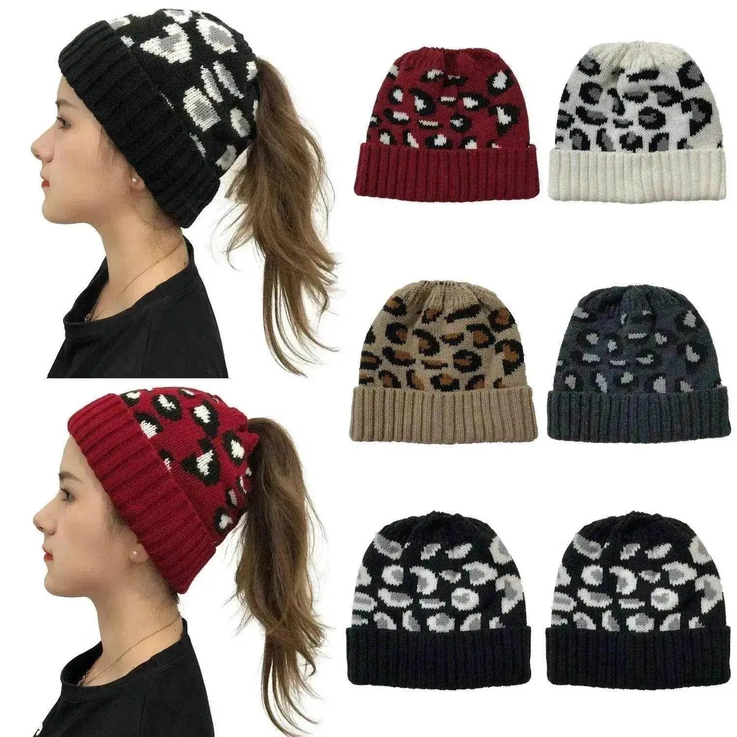 Women's Leopard Jacquard Ponytail Knitted Woolen Hat