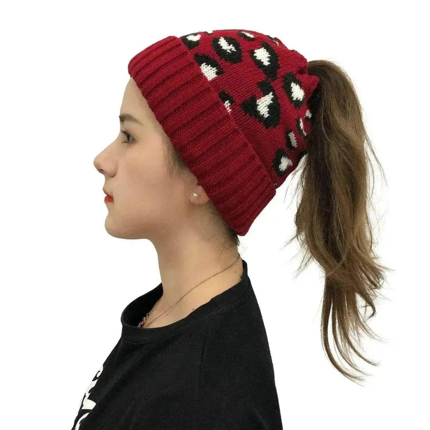 Women's Leopard Jacquard Ponytail Knitted Woolen Hat