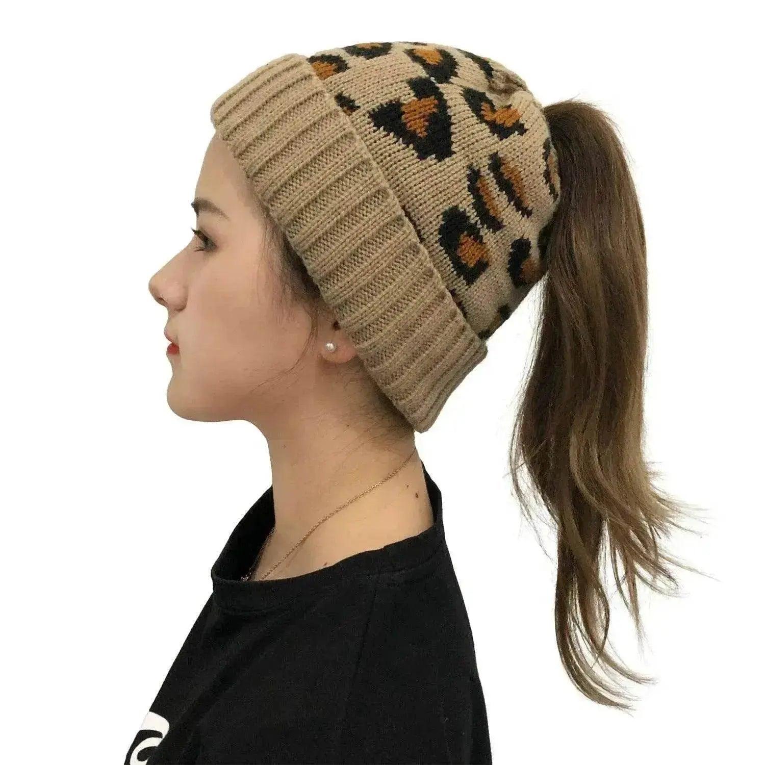 Women's Leopard Jacquard Ponytail Knitted Woolen Hat