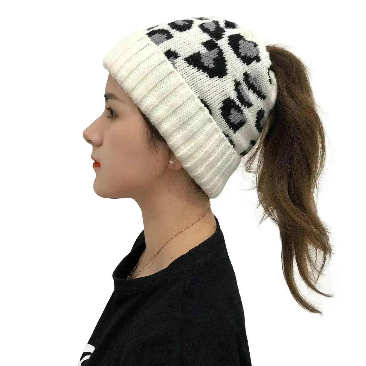 Women's Leopard Jacquard Ponytail Knitted Woolen Hat