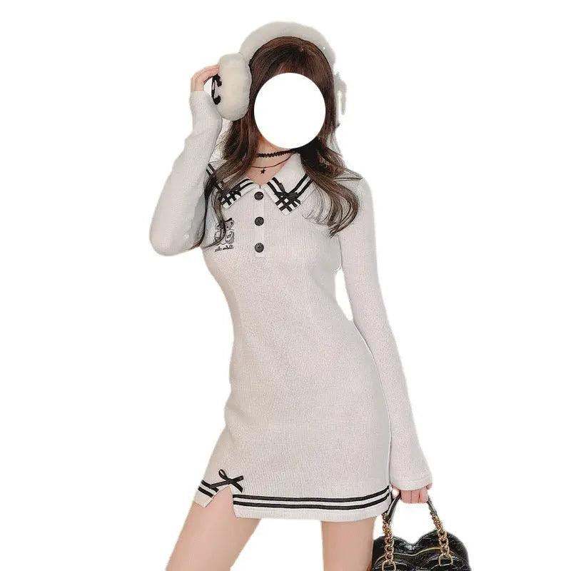 Women's Navy Neck Embroidered Thermal Wool Knit Slim Fit Dress