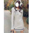Women's Navy Neck Embroidered Thermal Wool Knit Slim Fit Dress