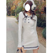 Women's Navy Neck Embroidered Thermal Wool Knit Slim Fit Dress