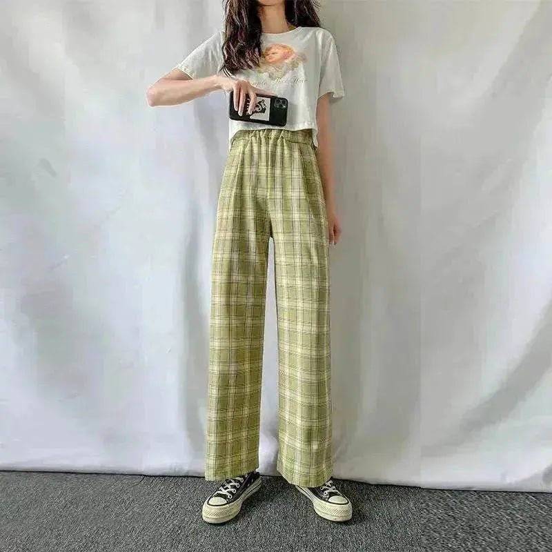 Women's Plaid Wide Leg Casual Pants