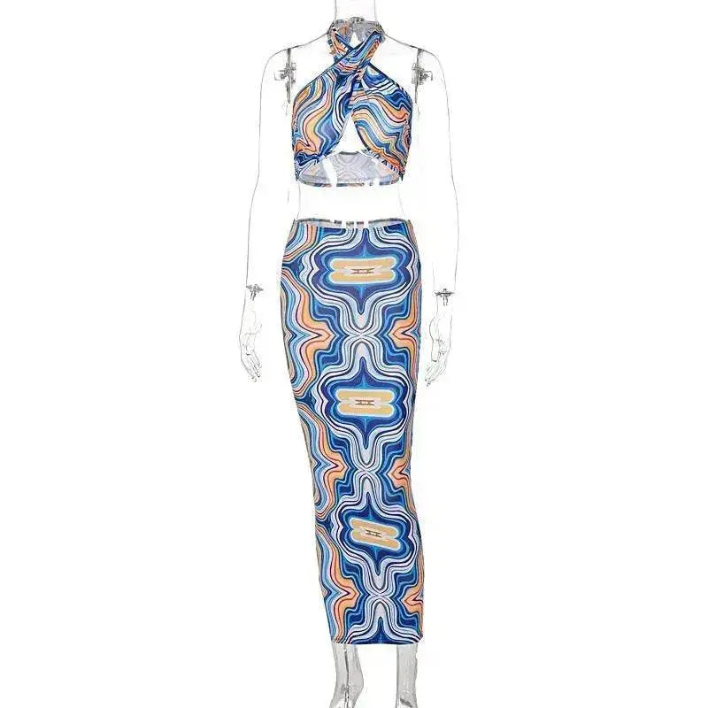 Women's Printed Halter Strap Strapless Slim Skirt Set