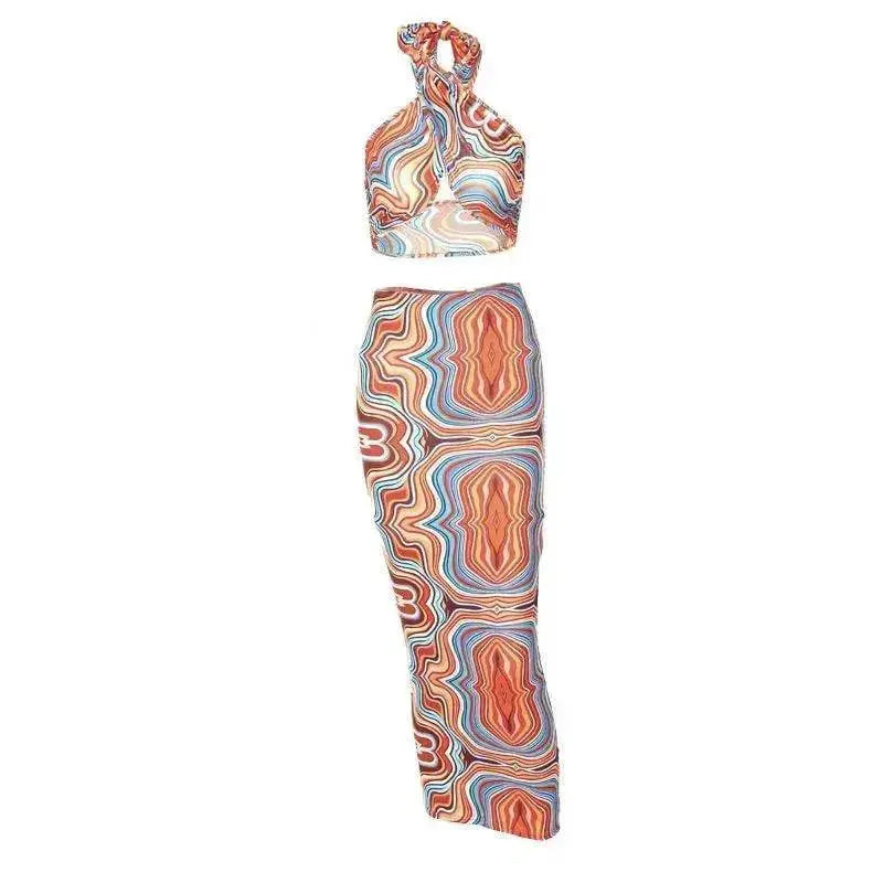 Women's Printed Halter Strap Strapless Slim Skirt Set