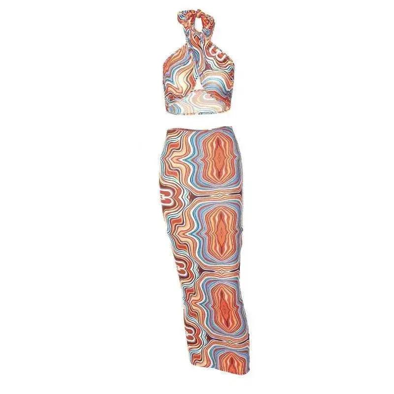 Women's Printed Halter Strap Strapless Slim Skirt Set