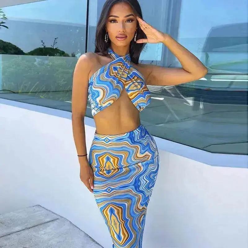 Women's Printed Halter Strap Strapless Slim Skirt Set