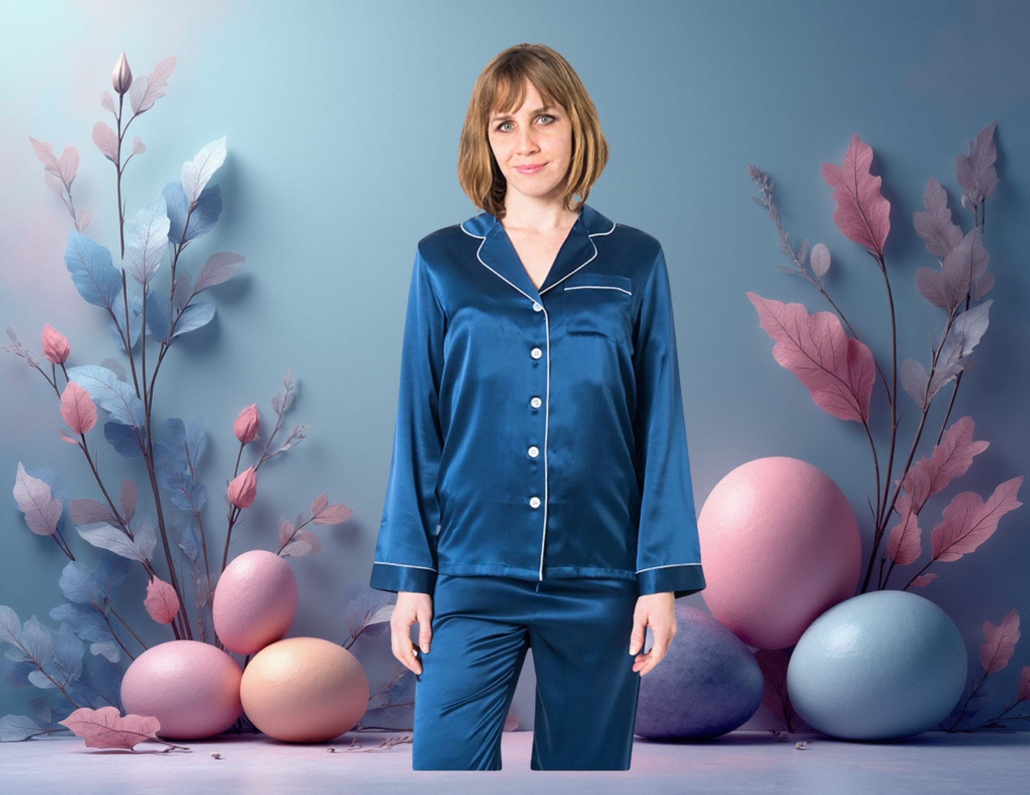 Women's Mulberry Silk Pajama Set Navy Blue