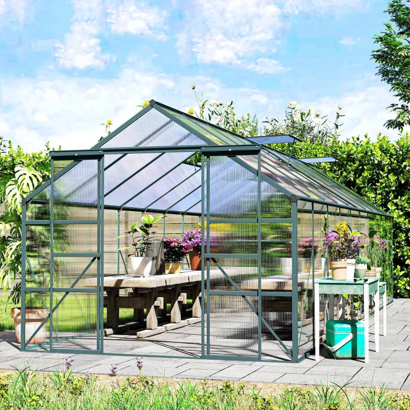 Aluminum Greenhouse Polycarbonate Walk-in Garden Greenhouse with Sliding Door, 20' x 8', Green