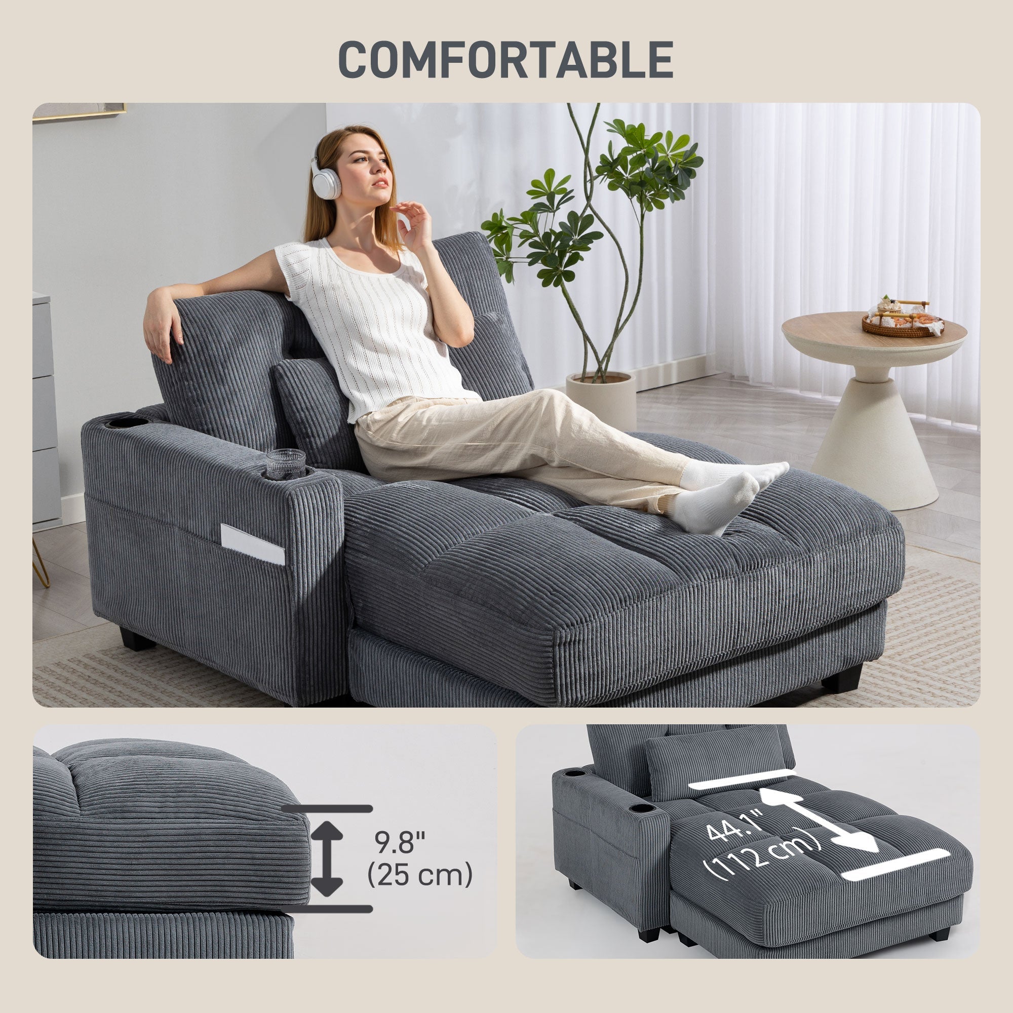 Andi Corduroy Chaise Lounger with 2 Cup Holders-Dark Grey