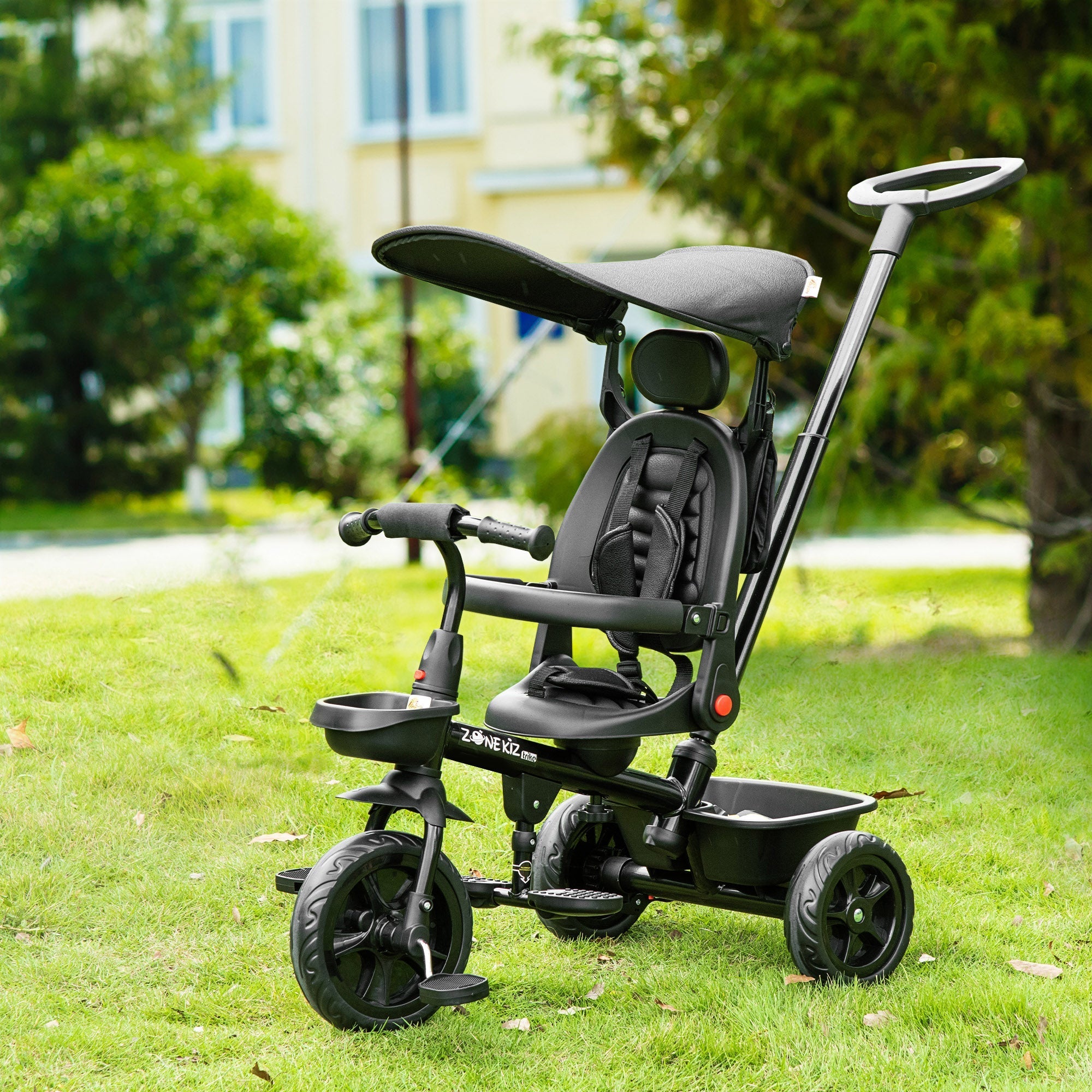 Qaba 4-in-1 Baby Tricycle Stroller with Reversible Seat, Adjustable Handle, Canopy, Safety Belt, Storage - Black