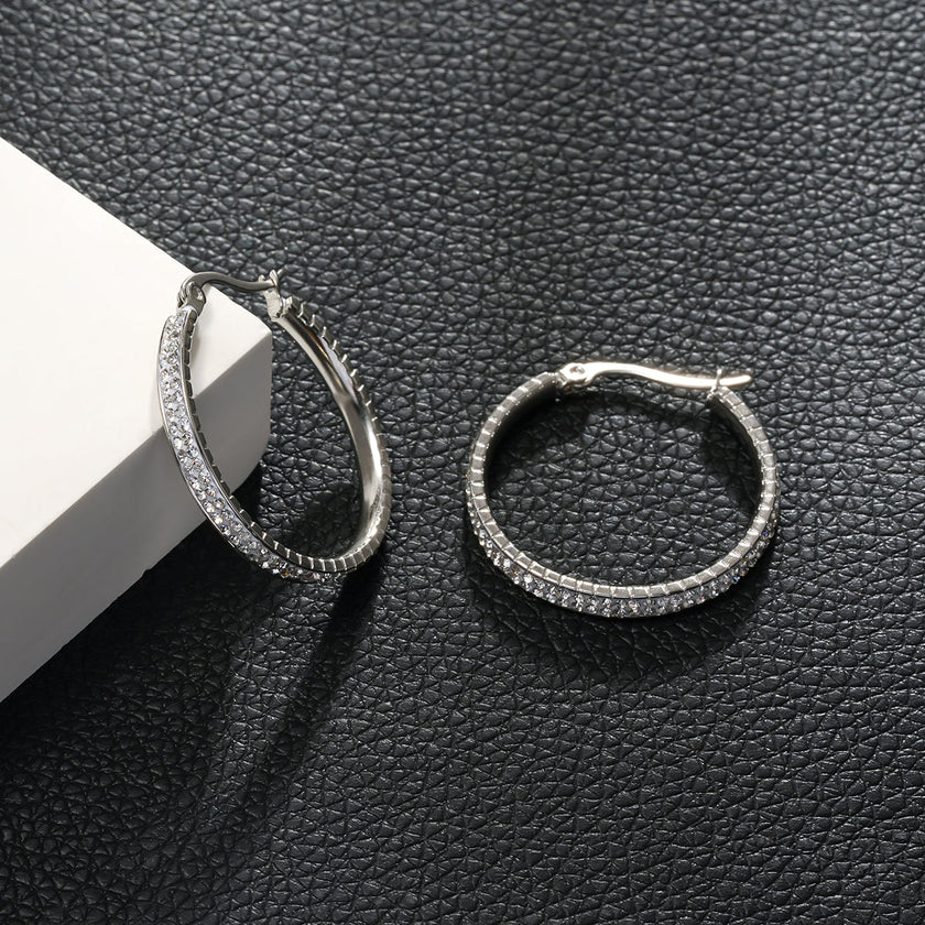 YARA Silver (Or Blanc) : Boucles d'oreilles créoles en zircone 'Pavé All the Way' (taille standard)