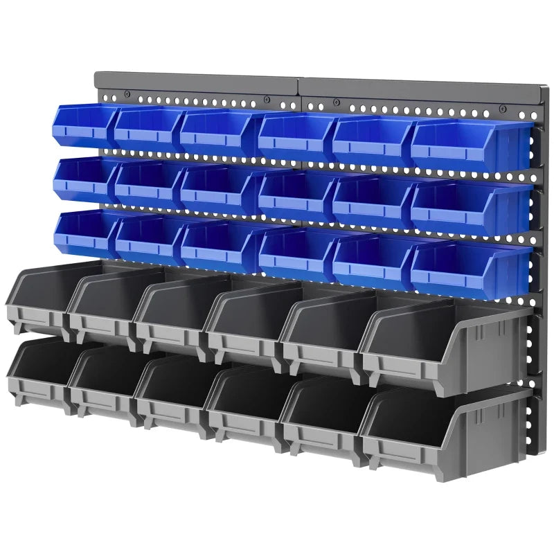 Wall Mounted Storage Bin Rack Tool Organizer with 30 Bins, Pegboard for Garage Workshops Blue
